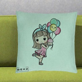 Perna Decorativa Fetita Kawaii cu Baloane si Cupcake, 40x40 cm, Verde Menta, Husa Detasabila, Perna Inclusa, BEKZ®