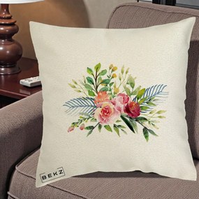 Perna Decorativa Buchet Flori Acuarela Roz-Verde, 40x40 cm, Ecru, Husa Detasabila, Perna Inclusa, BEKZ®