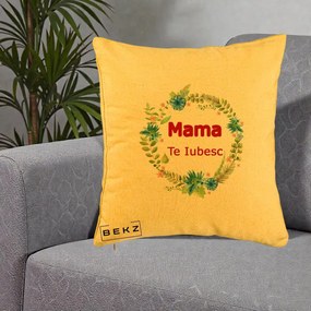 Cadou pentru Mama - Perna Personalizata Mama Te Iubesc Flori Albastre, 40x40 cm, Galben, Husa Detasabila, Perna Inclusa, BEKZ®