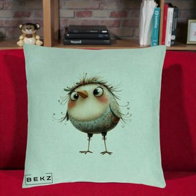 Perna Decorativa Pasare cu Penaj Zbarlit si Gene, 40x40 cm, Verde Menta, Husa Detasabila, Perna Inclusa, BEKZ®