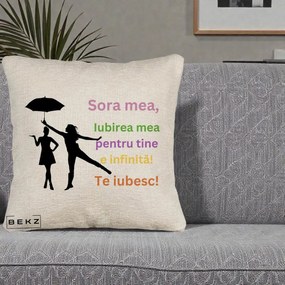 Cadou pentru Sora - Perna Personalizata Sora Mea Te Iubesc Siluete Colorate Umbrela, 40x40 cm, Bej Canapea, Husa Detasabila, Perna Inclusa, BEKZ®