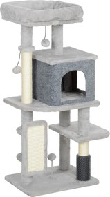 PawHut Arbore Multinivel Înalt pentru Pisici 104 cm cu Căsuță, Culcuș, Stâlpi de Zgâriat, Perie și Bilă, Gri | Aosom Romania
