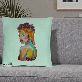 Perna Decorativa Portret Femeie Colorat Pop Art, 40x40 cm, Verde Menta, Husa Detasabila, Perna Inclusa, BEKZ®