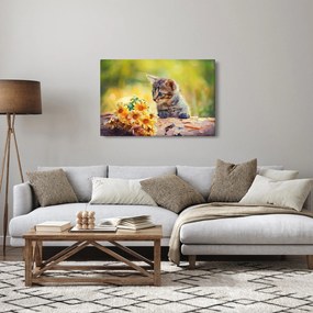 Tablou cu pisicuța uitându-se la floare (90x60 cm)