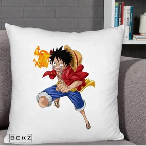 Perna Personalizata One Piece Luffy Gear Second Foc, 40x40 cm, Alb Pufos, Husa Detasabila, Perna Inclusa, BEKZ®