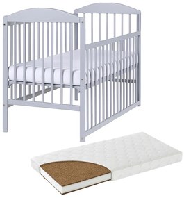 Patut din lemn masiv 120x60 cm Kidizi Orella gri cu laterala culisanta si saltea cocos LUX 120x60x12 cm, reglabil pe 3 nivele, certificat EN71