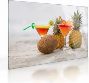 Tablou pe sticlă cu ananas și pahare pe plajă (70x50 cm)