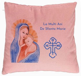 Perna Decorativa, Model La multi ani de Sfanta Maria, 40x40 cm, Roz, Husa Detasabila, Burduf