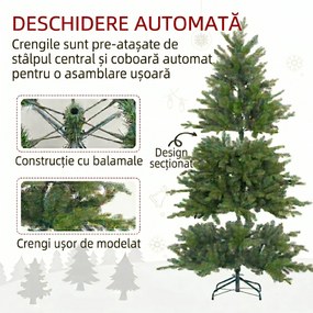 HOMCOM Brad de Crăciun Artificial cu 1821 Crengi, Brad de Crăciun Pliabil cu Bază Metalică, Ø117x180 cm, Verde | Aosom Romania