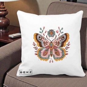Perna Decorativa Fluture Boho Floral, 40x40 cm, Alba Mata, Husa Detasabila, Perna Inclusa, BEKZ®