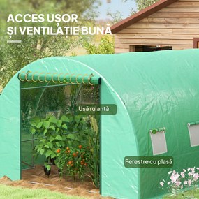 Outsunny Seră Politunel cu Sistem de Stropitoare, Ușă Rulantă și 12 Ferestre cu Plasă, 600x300x195 cm, Verde | Aosom Romania
