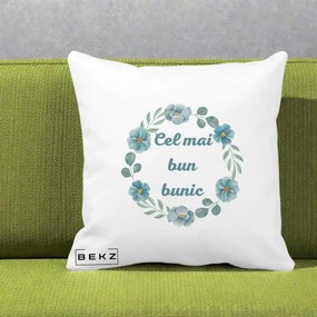 Cadou pentru Bunic - Perna Personalizata Cel Mai Bun Bunic Coronita Flori Albastre Teal, 40x40 cm, Alba Mata, Husa Detasabila, Perna Inclusa, BEKZ®