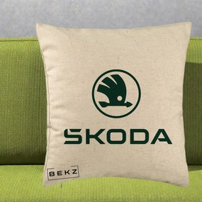 Perna Personalizata cu emblema Skoda, 40x40 cm, Bej, Husa Detasabila, Perna Inclusa, BEKZ®