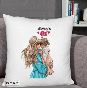 Cadou pentru Mama - Perna Personalizata Mommy's Girl Mama si Fetita, 40x40 cm, Alb Pufos, Husa Detasabila, Perna Inclusa, BEKZ®