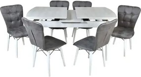 Set masa extensibila cu 6 scaune tapitate Homs cristal  bej-gri-picior-alb-170 x 80 cm