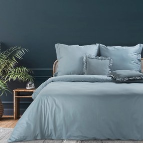 Lenjerie de pat din bumbac cu margine decorativa si garnitura pe perne albastru cer COLECTIA TERRA PALERMO 1