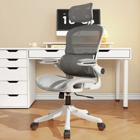 RESIGILAT- Scaun ergonomic cu șezut din plasă și suport lombar dinamic, tetiera 3D, cotiere rabatabile, Alb/Gri