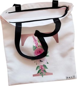 Sacosa de Panza pentru Cumparaturi, Geanta Tote, Cu litera T Rose Gold si Trandafiri, Cu fermoar, 38x34.5 cm, Alba, BEKZ®