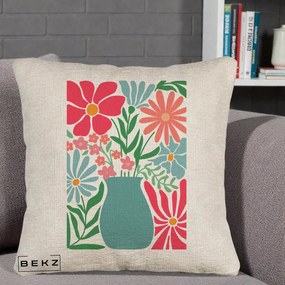 Perna Decorativa Flori in Vaza Turcoaz, 40x40 cm, Bej Canapea, Husa Detasabila, Perna Inclusa, BEKZ®