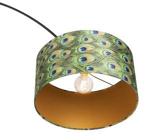Lampă de podea cu arc botanic cu abajur din catifea neagră cu design de păun 50 cm - XXL