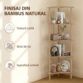 HOMCOM Etajeră de Colț din Bambus cu 5 Rafturi, pentru Casă, Finisaj Natural | Aosom Romania