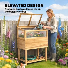 Outsunny Jardinieră înaltă cu seră din lemn, ladă de plantare ridicată cu capac rabatabil, raft, material nețesut, ergonomic | Aosom Romania