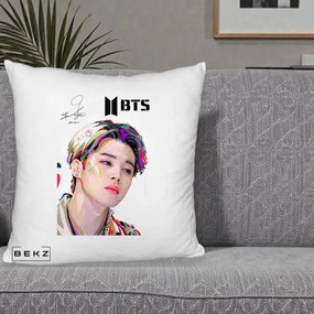 Perna Personalizata K-pop BTS Jimin Portret Artistic Multicolor cu Autograf, 40x40 cm, Alb Pufos, Husa Detasabila, Perna Inclusa, BEKZ®