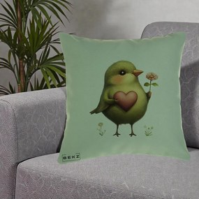 Perna Decorativa Pasare Verde cu Inima si Floare, 40x40 cm, Verde, Husa Detasabila, Perna Inclusa, BEKZ®