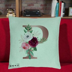 Cadou Personalizat - Perna Personalizata Monograma Rose Gold Litera P, 40x40 cm, Verde Menta, Husa Detasabila, Perna Inclusa, BEKZ®