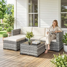 Outsunny Set mobilier grădină Polyrattan 5 piese, set lounge cu colțar, taburet, masă și perne pentru șezut și spate Gri+Cremeweiß | Aosom Romania