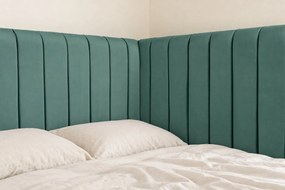 Pat tapițat pentru copii din catifea Elyra Line 140×200 cm, verde marin, colț dreapta, cu ladă de depozitare