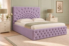 Pat tapițat Chesterfield din catifea Venezia 140×200 cm, lila, cu ladă de depozitare