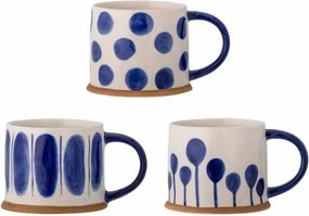 Set 3 căni natur din ceramică artizanală pictată manual cu motive geometrice în albastru, 450 ml, 11×8,5 cm, "Linora"