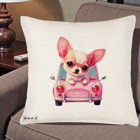 Perna Decorativa Chihuahua Roz in Masinuta, 40x40 cm, Crem Reliefat, Husa Detasabila, Perna Inclusa, BEKZ®