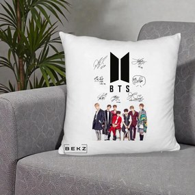 Perna Personalizata K-pop BTS Semnaturi Foto, 40x40 cm, Alb Pufos, Husa Detasabila, Perna Inclusa, BEKZ®