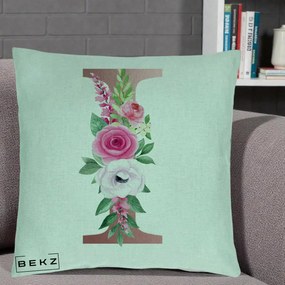 Cadou Personalizat - Perna Personalizata Monograma Rose Gold Litera I, 40x40 cm, Verde Menta, Husa Detasabila, Perna Inclusa, BEKZ®
