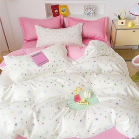 Lenjerie de pat cu elastic, tesatura tip finet, pat 2 persoane, alb / roz, 6 piese, T246