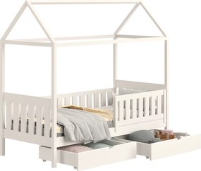 Pat supraetajat tip căsuță Nemos II pentru copii 80x180 cu sertare - culoare alb