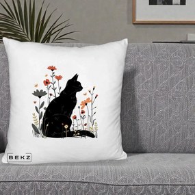 Perna Decorativa Pisica Neagra Profil Flori Portocalii, 40x40 cm, Alb Pufos, Husa Detasabila, Perna Inclusa, BEKZ®