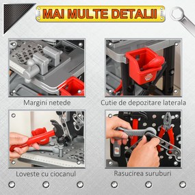 HOMCOM Banc de Lucru Jucarie cu 50 Accesorii, Unelte pentru Copii 3-6 Ani cu Bormasina cu Baterie, Negru Gri