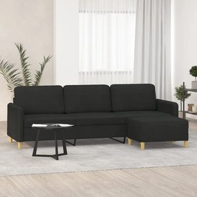 Canapea cu 3 locuri si taburet, negru, 210 cm, textil Negru, 228  x 77 x 80 cm