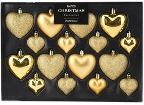 Set de 16 ornamente de Crăciun Hearts, auriu intens, cutie 31,5x3,5x22,5 cm, plastic