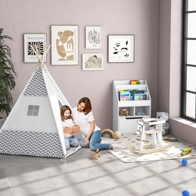 HOMCOM Cort Teepee Indian Cort de joacă pentru Copii în Stil Grafic - dim. 1,2L x 1,2l x 1,55H m - Ușă închisă Fereastră Covor Pernă Geantă Transport Inclusă - la Interior și Exterior Gri Alb | Aosom Romania