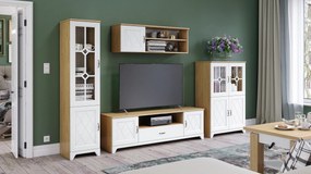 Mobilier dulap de perete PROVENZA Stejar Piatră/Alb Mat - COMODĂ MARE TV COMODĂ CU VITRINĂ ȘI RAFTURI PENTRU LIVING RETRO