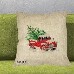 Perna Decorativa Camioneta Rosie Brad de Craciun, 40x40 cm, Crem, Husa Detasabila, Perna Inclusa, BEKZ®