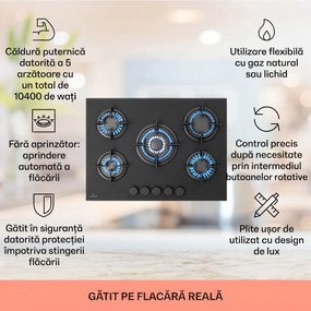 Klarstein Firetale, plită cu gaz, 5 arzătoare, 70 cm, arzătoare din aluminiu, inclusiv furtun și reductor de presiune