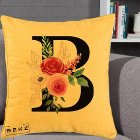 Cadou Personalizat - Perna Personalizata Monograma Florala Litera B, 40x40 cm, Galben, Husa Detasabila, Perna Inclusa, BEKZ®