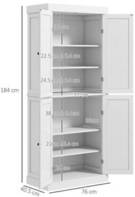 HOMCOM Dulap Înalt de Bucătărie cu 6 Rafturi și 2 Uși, Dulap cu Rafturi Reglabile din Lemn, 76x40,5x184 cm, Alb | Aosom Romania