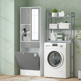 HOMCOM Mobila de baie cu cos de rufe si oglinda raft ajustabil 62 x 28,3 x 181 cm gri si alb | Aosom Romania