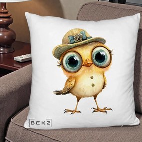 Perna Decorativa Pui Elegant cu Palarie Teal, 40x40 cm, Alb Pufos, Husa Detasabila, Perna Inclusa, BEKZ®